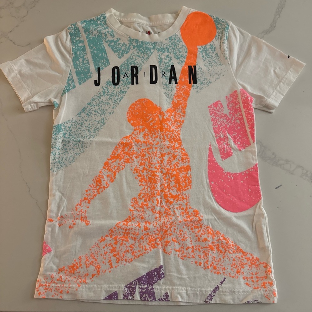 Jordan White Tee with Neon Orange Jumpman and Pink & Teal Graphics